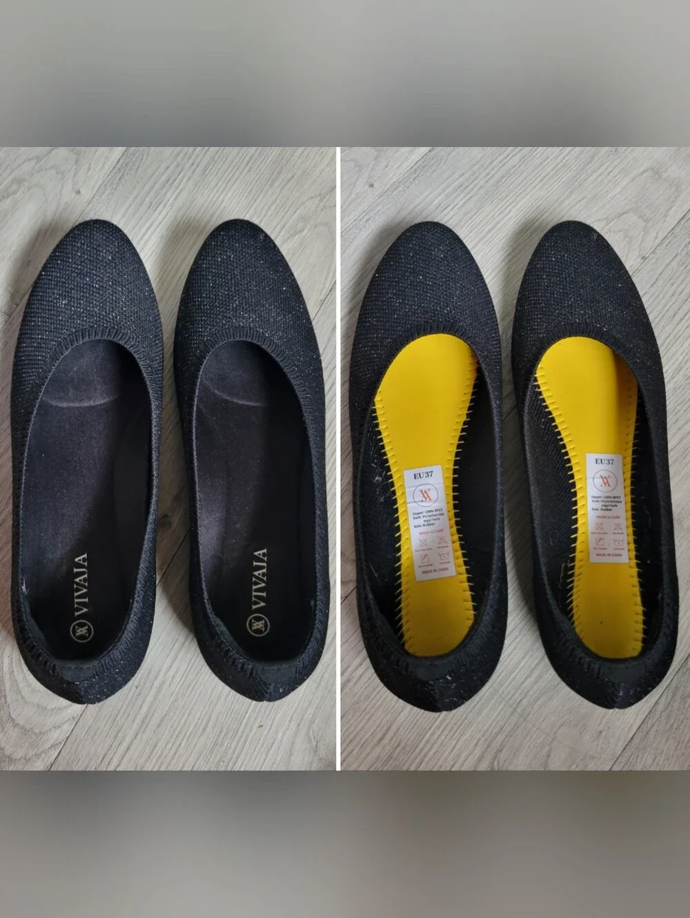 Vivaia Claire Round Toe Black Metallic Shimmer Ballet Flats, Women US 6.5 EU 37